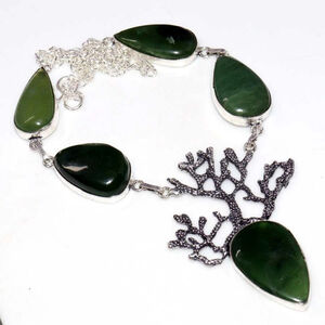 Nephrite Jade 925 Silver Plated Gemstone Necklace 18" Long NWT